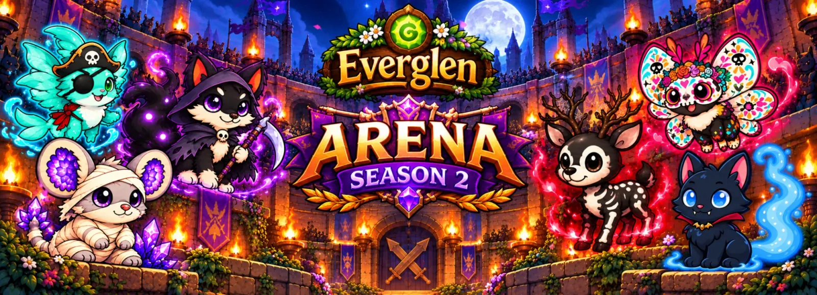 Everglen Arena Season 2 banner, with GlenFrens in their spooky coats