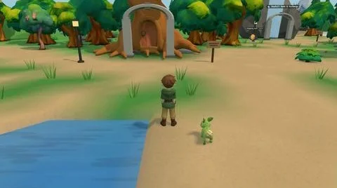 A keeper and their GlenFren on the Heartwood road on the 3D island