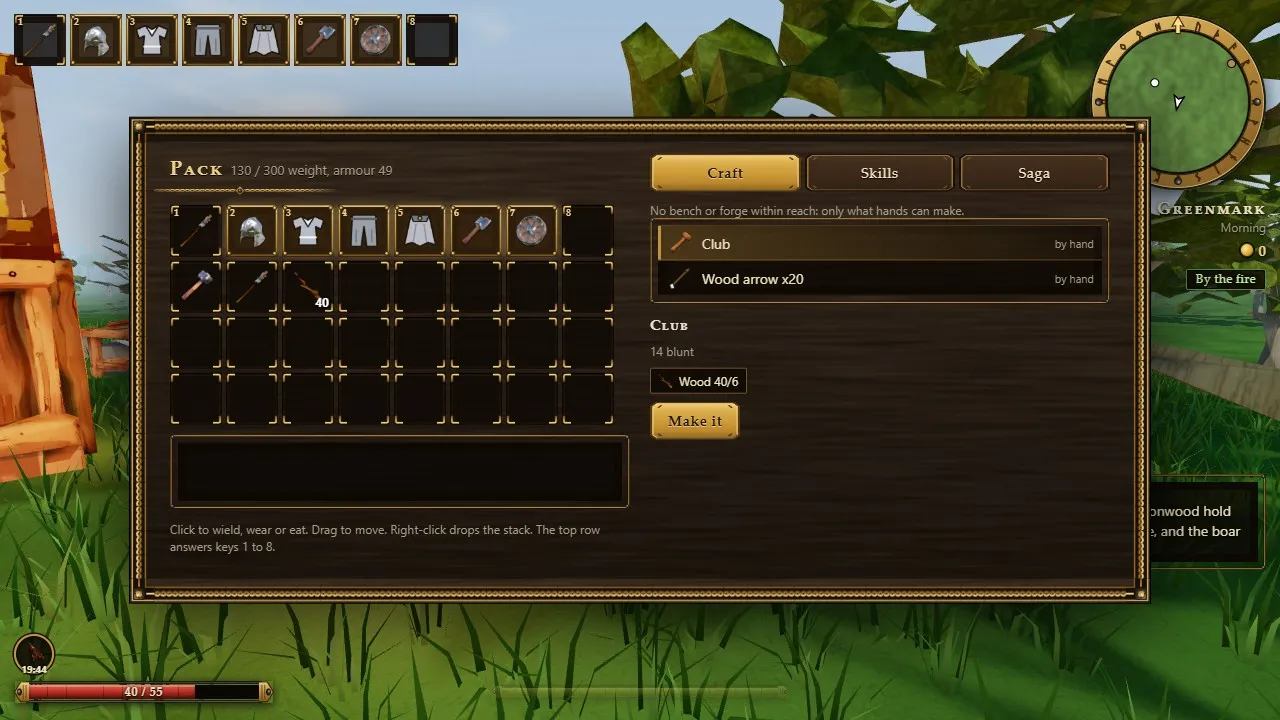 The pack and crafting screen
